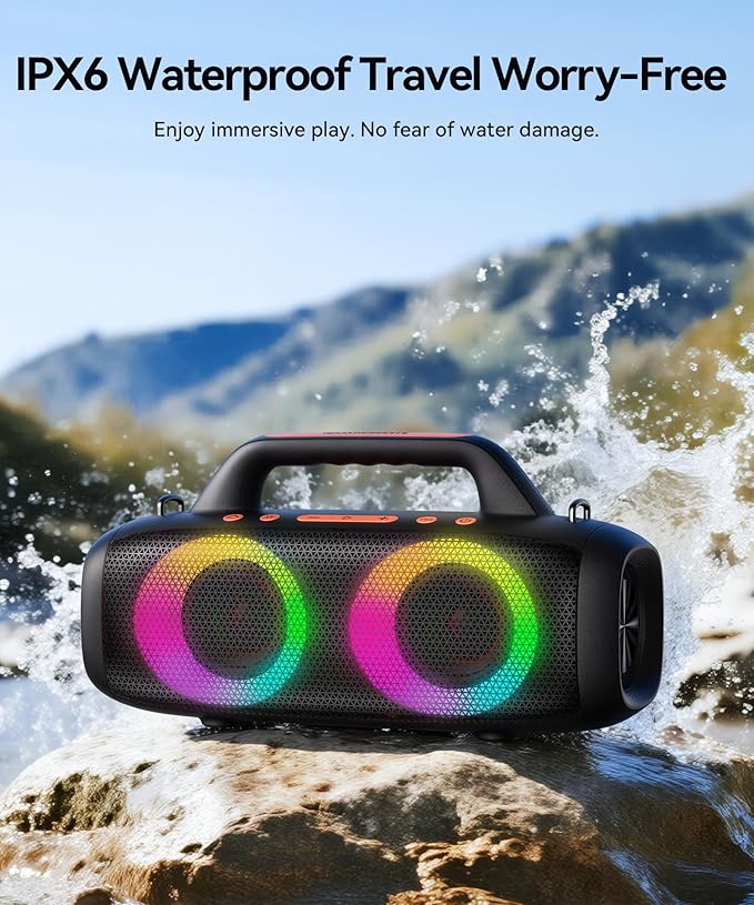 BassBloom Roar 1 Portable Bluetooth Speaker, 60W Powerful Sound with JIKE Bass, IPX6 Waterproof, 24H Playtime, Bluetooth 5.4, TWS Pairing, RGB Party Lights, for Travel Outdoor Camping and Beach