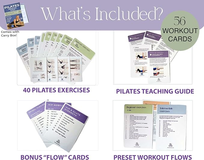 56 Pilates Cards- Use with Magic Circle - 40 Exercises Pilates Workout Cards with the Ring and Ball - Detailed Photos and Video Instructions - Equipment Optional. (56 Pilates Cards with Equipment)