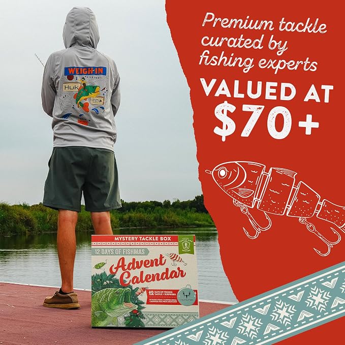 Catch Co Mystery Tackle Box 12 Days of Fishmas Advent Calendar | Bass Fishing Lure Gift Set with 35 baits & lures including 10 Premium Baits, Holiday Decal & Meateater Trivia Pack