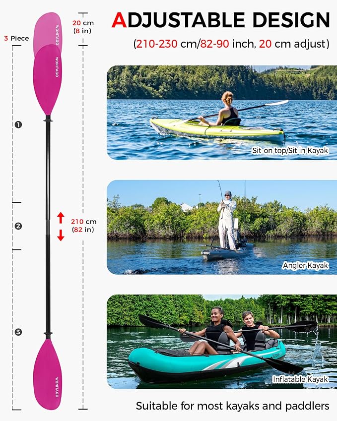 Kayak Paddle with Fiberglass Shaft and Reinforced Nylon Blade, Adjustable Kayaking Oars, 3 Piece, 230-250 cm/90-98 inches, 210-230 cm/82-90 inches