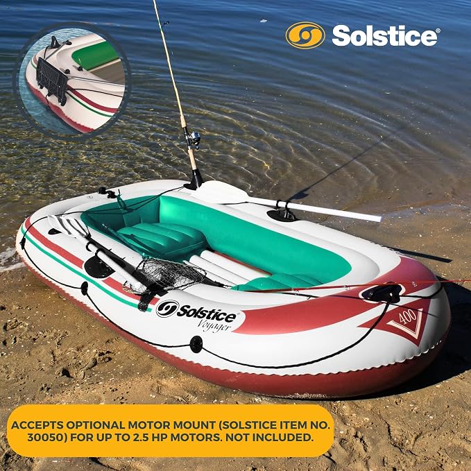 SOLSTICE Inflatable Boat for Lakes, Rivers & Beaches – Heavy-Duty Raft with Swivel Oar Locks, Rod Holders & Inflatable Seats – Voyager, Fishing, Full Kit Includes Oars & Pump, 4-Person, Brown, 8'6"