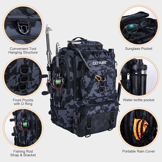 Goture 40L Fishing Tackle Backpack with Cooler and 2 3600 fishing tackle boxes, 900D Water-Resistant Tackle Backpack with Removable Bait Binder, 2 Rod Holders and Rain Cover,Camouflage backpack