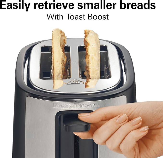 Hamilton Beach 2 Slice Extra Wide Slot Toaster with Bagel & Defrost Settings, Shade Selector with 7 Browning Levels, Toast Boost, Auto Shutoff, Black & Stainless Steel (22633)