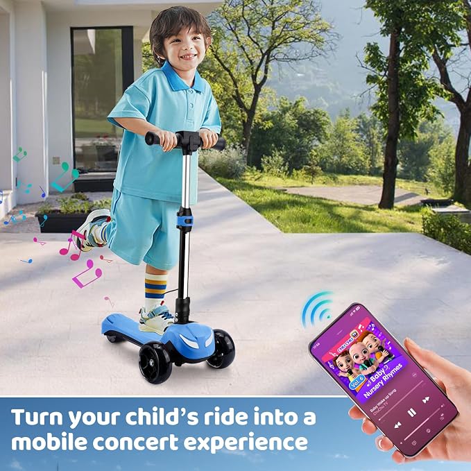 Electric Scooter for Kids w/150W Powerful Motor, Thumb Throttle, LCD Screen, Bluetooth, Light-Up Stem Deck & Wheels, 3 Adjustable Heights, 5MPH Safe Speed, 3 Wheel Electric Scooter for Kids