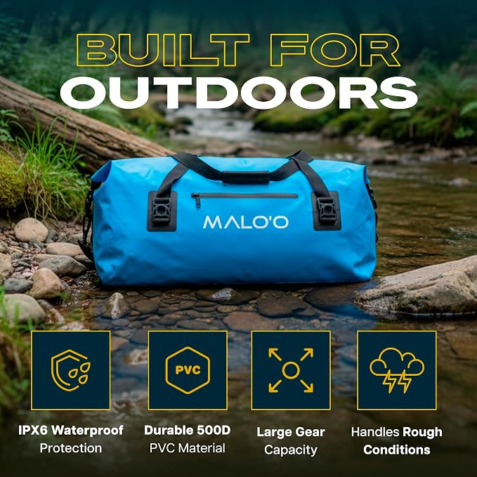 Malo’o Waterproof Dry Duffel, Heavy-Duty Roll Top Waterproof Gear Bag with Shoulder Strap & Molle Loops, Marine Duffel for Kayaking, Boating, Camping, Beach & Travel, Blue, 60L