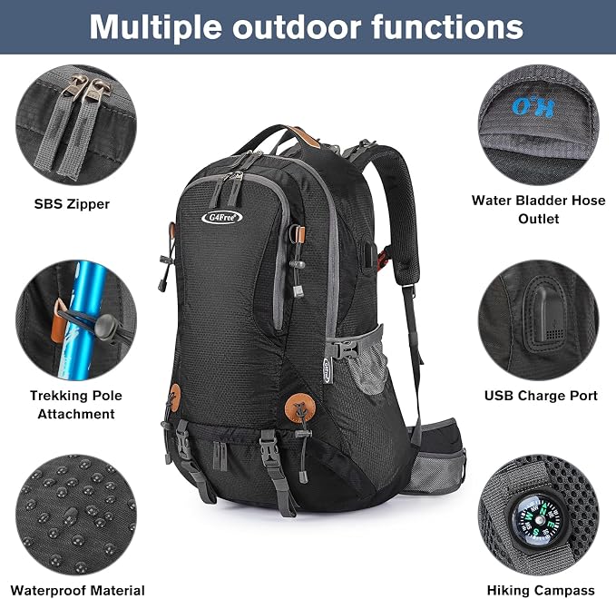 G4Free 50L Hiking Backpack Waterproof Daypack Outdoor Camping Climbing Backpack with Rain Cover for Men Women