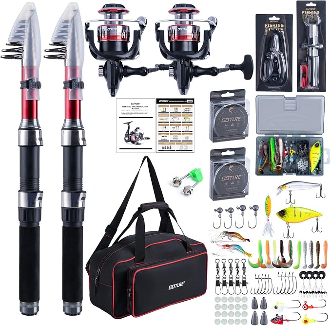 Goture 2-Pack Fishing Rod and Reel Combo with Carrier Bag,1.8M-2.7M | 2PCS Telescopic Fishing Pole,2PCS Spinning Reel,Line,Lures,Pliers,Gripper, for Saltwater and Freshwater Travel,Starter Kit