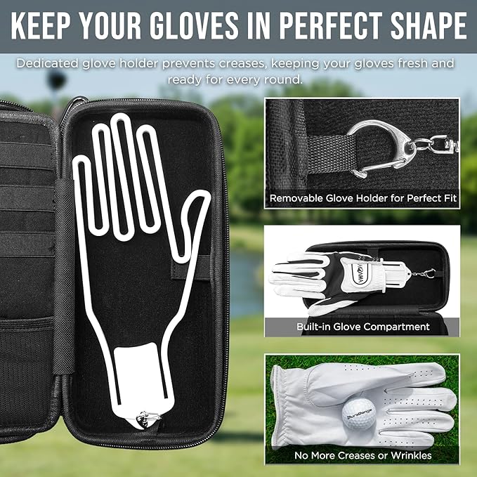 DURARANGE Golf Glove Holder Case with Glove Shaper - Portable Golf Accessories Organizer for Men & Women - Waterproof 900D Nylon, Large Capacity for Balls, Tees, Markers - Ideal Gift