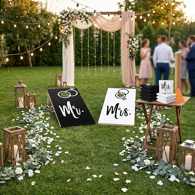 11 Pcs Wedding Cornhole Set for Reception, Mr & Mrs Cornhole Game with 8 Bean Bags & Board Wraps, Outdoor Lawn Toss Game for Wedding Party & Bridal Shower(Boards Not Included)