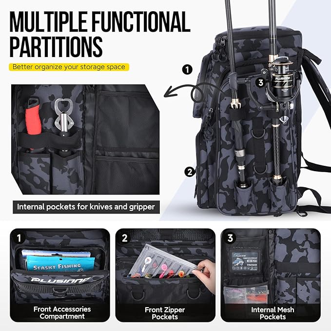 PLUSINNO Fishing Backpack with Tackle Boxes,Fishing Gear,42L Waterproof tackle Backpack with Rod Holders,Lures,Tools,Pliers & Accessories, Fishing Gifts for Men