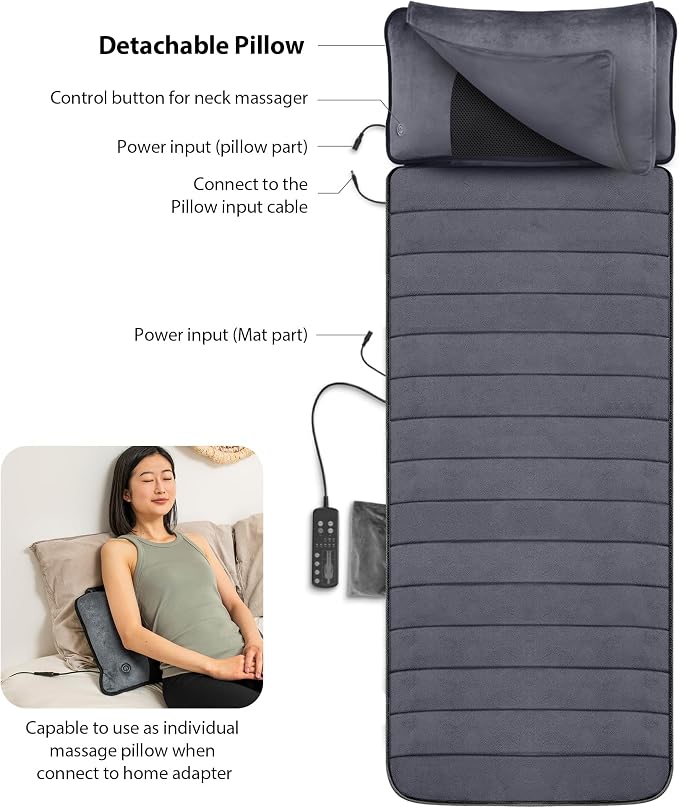 COMFIER Full Body Massage Mat with Movable Neck Pillow, Shiatsu Back Massager with 10 Vibrating Motors & 4 Heat Levels, Massage Pad, Gift for Women Man
