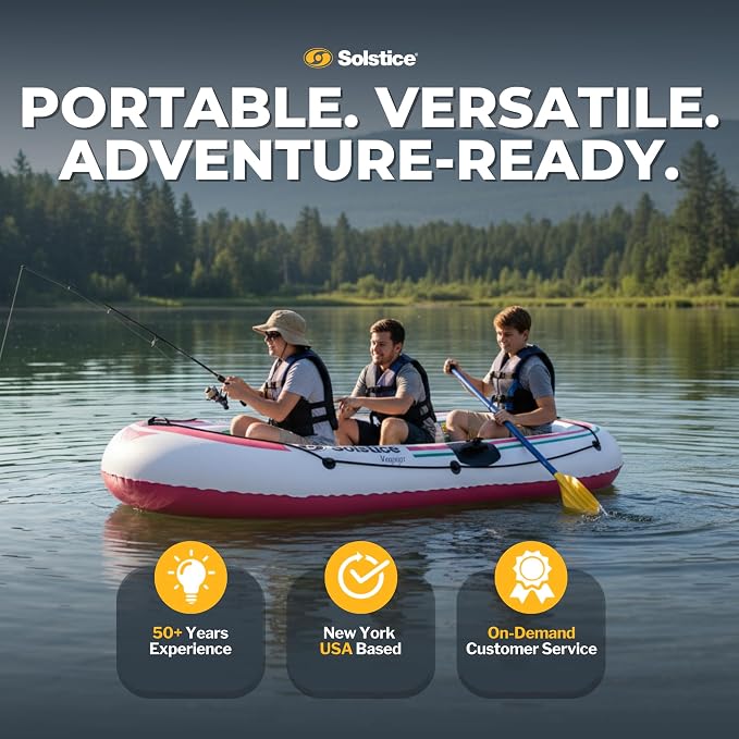 SOLSTICE Inflatable Boat for Lakes, Rivers & Beaches – Heavy-Duty Raft with Swivel Oar Locks, Grab Line & Inflatable Seat – Voyager, Full Kit Includes Oars & Pump, 3-Person, White, 7'