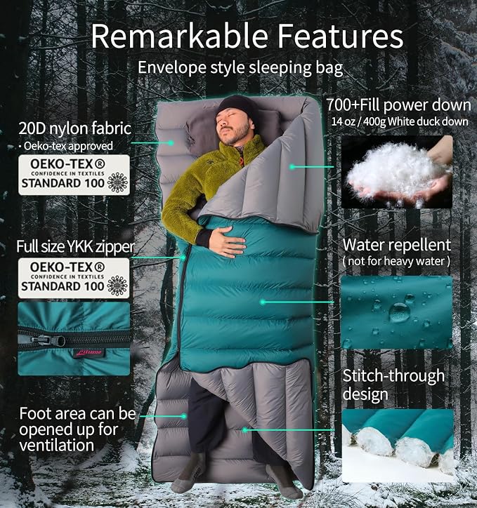 Litume Ultra Compact Down Sleeping Bag - 3 Season, Lightweight, 700 Fill Power, Packable for Adults, Double, Backpacking, Camping, Hiking, Family - With Stuff Sack