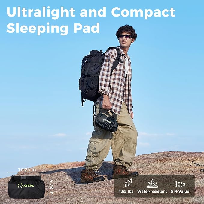 ATEPA ThermAir Pro 5 R-Value Insulated Sleeping Pad, Ultralight 4-Season Backpacking Air Mattress, 4” Thick Quiet Camping Sleeping Mat with Pump Sack, Wide Long 77”x25”