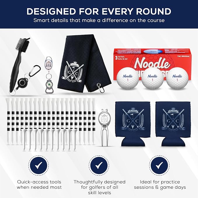 Golf Gift Kit | Includes - Towel, Club Brush, Ball Marker, Divot Repair Tool, Premium Golf Balls, Long & Short Tees, Koozies, Golf Gifts for Men & Women, Golf Kit, Ideas