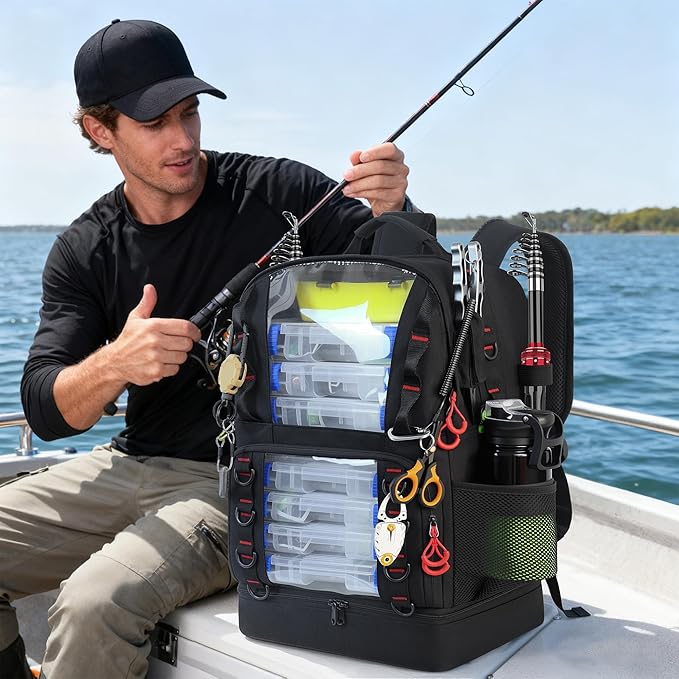 Fishing Tackle Backpack with Cooler,45L Large Tackle Bag with 2 Rod Holders & Clear Window,Outdoor Fishing Backpack for Fishing,Camping,Hiking,Black