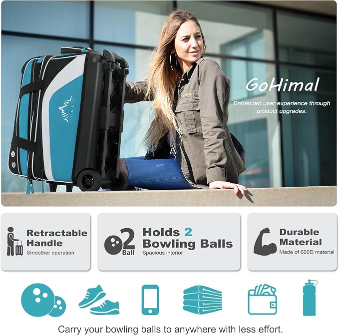 GoHimal Double Roller 2 Ball Bowling Bag with Separate Shoe Compartment for Bowling Shoes (Up To US Men Size 15) and Abundant multifunction Accessory Pocket, Upgraded fabric, Retractable Handle - Extends to 40"