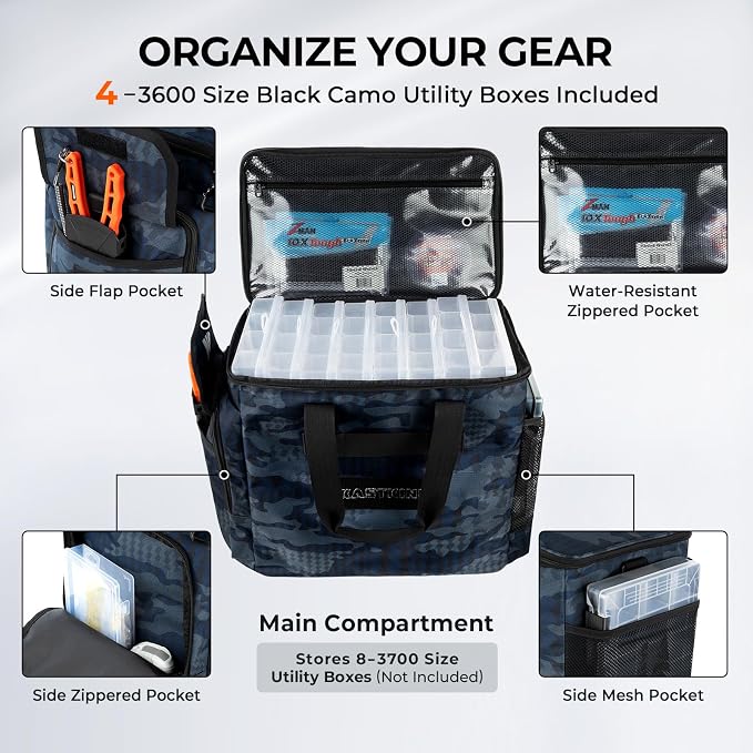 KastKing BaitSpace Fishing Tackle Bag With 4 Tackle Boxes & Removable Bait Binder, Water-Resistant Tackle Storage, Durable Fishing Gear, Adjustable Shoulder Strap
