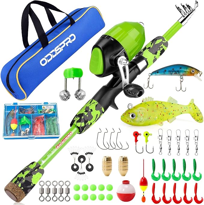 ODDSPRO Kids Fishing Pole - Portable Telescopic Kids Fishing Rod and Reel Combo Kit - with Spincast Fishing Reel Tackle Box for Girls, Youth