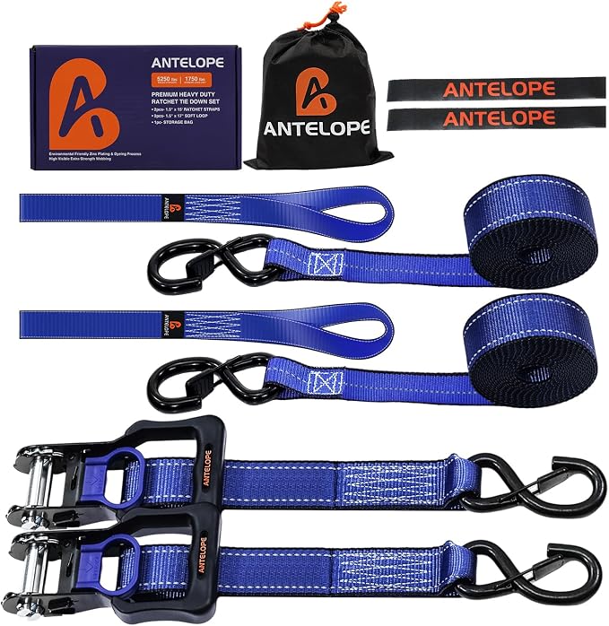 Ratchet Tie Down Straps Set, 5250 LBS Breaking Strength, 2 Pack 1.5" x 15' Heavy Duty Ratchet Straps, Cargo Strap, Motorcycle Straps for Trucks, Bicycle, Kayak, Moving, Tie Downs with S Hooks, Blue