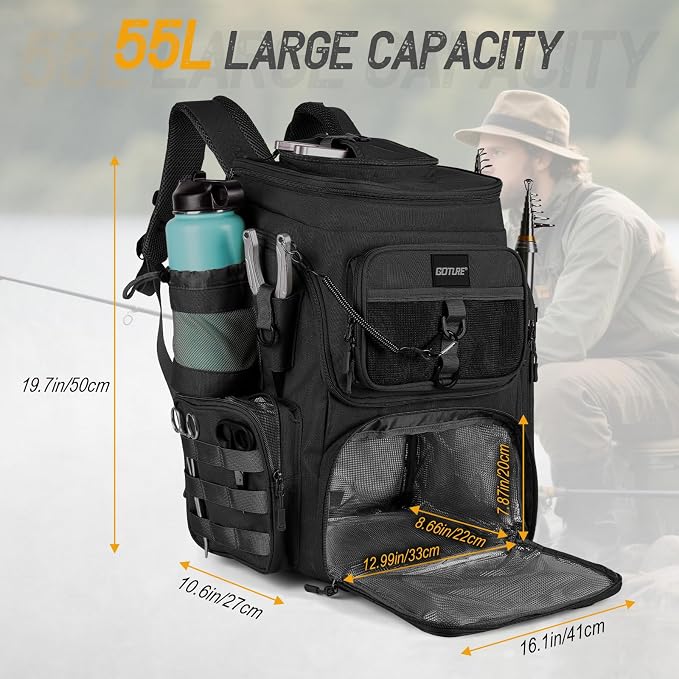 Goture Fishing Backpack, 900D Water-Resistant Tackle Bag with Rod Holders, Insulated Cooler Compartment, 55L Large Capacity Fishing Gear Storage for Saltwater&Freshwater Camping Hiking,Gifts for Men