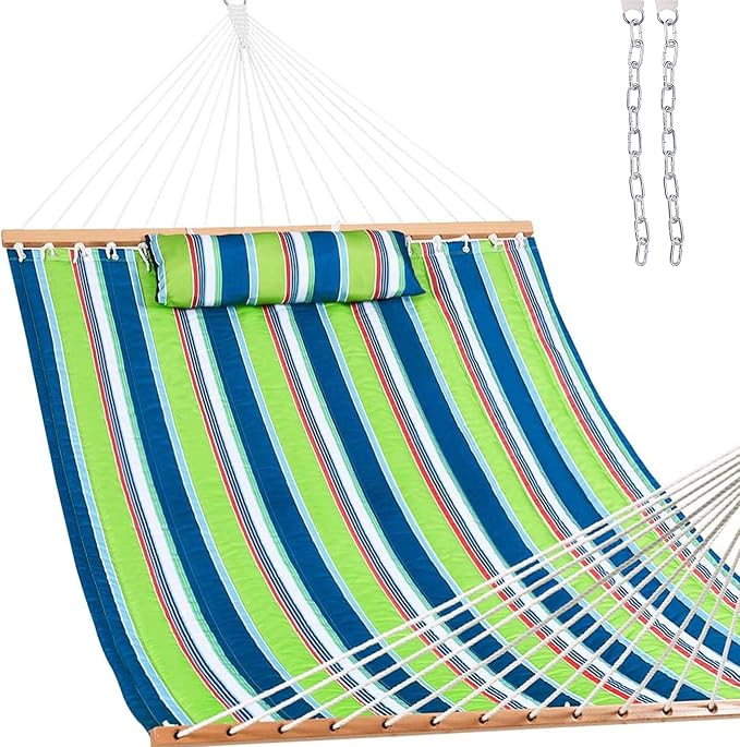Lazy Daze 12 FT Quilted Fabric Double Hammock with Spreader Bars and Detachable Pillow, 2 Person Hammock for Outdoor Patio Backyard Poolside, 450 LBS Weight Capacity, Green/Blue Stripe