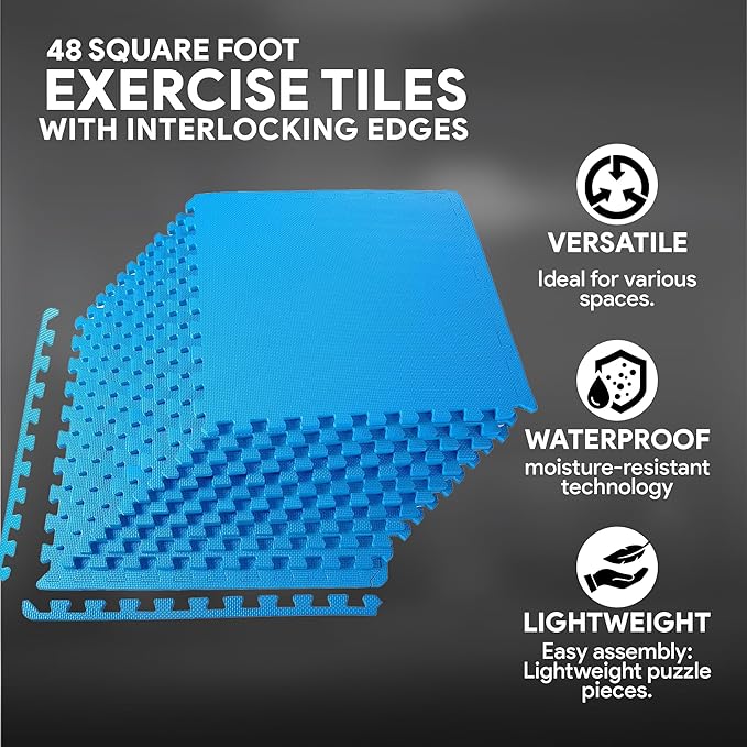 BalanceFrom Puzzle Exercise Mat 1/2" Thick, EVA Interlocking Foam Floor Tiles for Home Gym, Mat for Home Workout Equipment, Floor Padding for Kids, Blue, 24 in x 24 in x 1/2 in, 48 Sq Ft - 12 Tiles