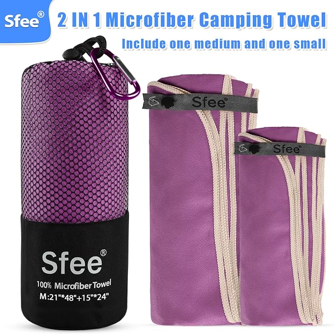 Sfee 2 Pack Microfiber Travel Towel, Quick Dry & Super Absorbent, Lightweight, Rectangular Bath Towel, Modern Purple Sports Towel for Gym, Hiking, Pool, Backpacking, Bath, Yoga