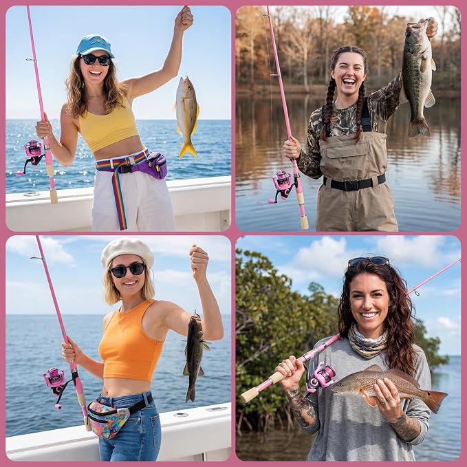 Telescopic Fishing Rod Reel Combo Pink Fishing Gear for Girls Women Men | 6.89FT Portable Collapsible Spinning Pole with Smooth Reel Lures Tackle Box Kit Travel Bag Saltwater Freshwater Angling Gift