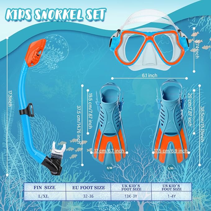 Snorkeling Gear for Kids, 4 in 1 Child Mask Fins Snorkel Set with Panoramic View Anti Fog Mask, Dry Top Snorkel, Trek Fins and Travel Bag, Kids Snorkeling Set with Fins for Snorkeling Swimming