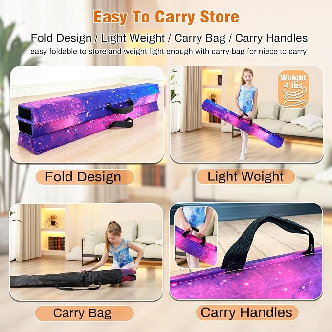 MARFULA 6 FT / 8 FT / 9 FT Folding Gymnastics Beam Foam Balance Floor Beam - Extra Firm - Suede Cover - Anti Slip Bottom with Carry Bag for Kids/Adults Home Use