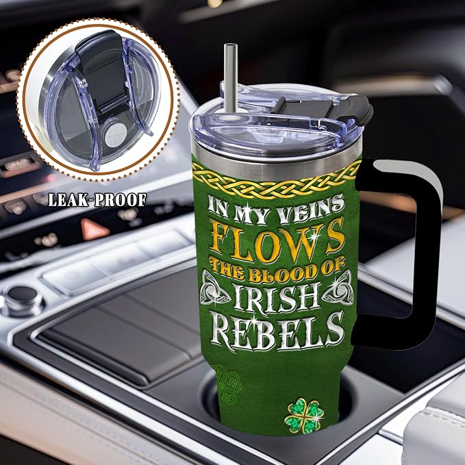 DUUV St Patricks Day Tumbler 40oz, Insulated St Patricks Gift for Women | In My Veins Irish Rebels Cup Gifts for Men Women Husband Dad Leakproof, Four Leaf Clover Design Gift Mug, 1 Pack
