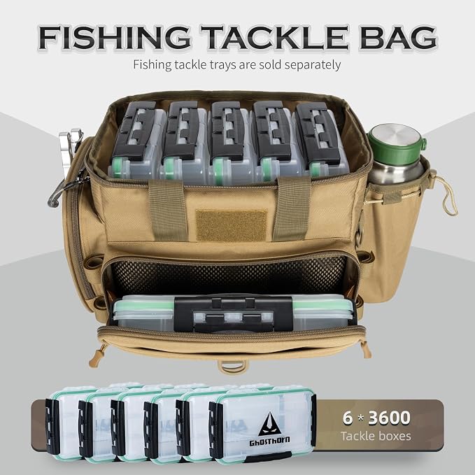 Ghosthorn Fishing Tackle Bag with Rod Holder Saltwater & Freshwater Resistant Tackle Box Bag - Waterproof Base, Adjustable Padded Shoulder Strap (Khaki)