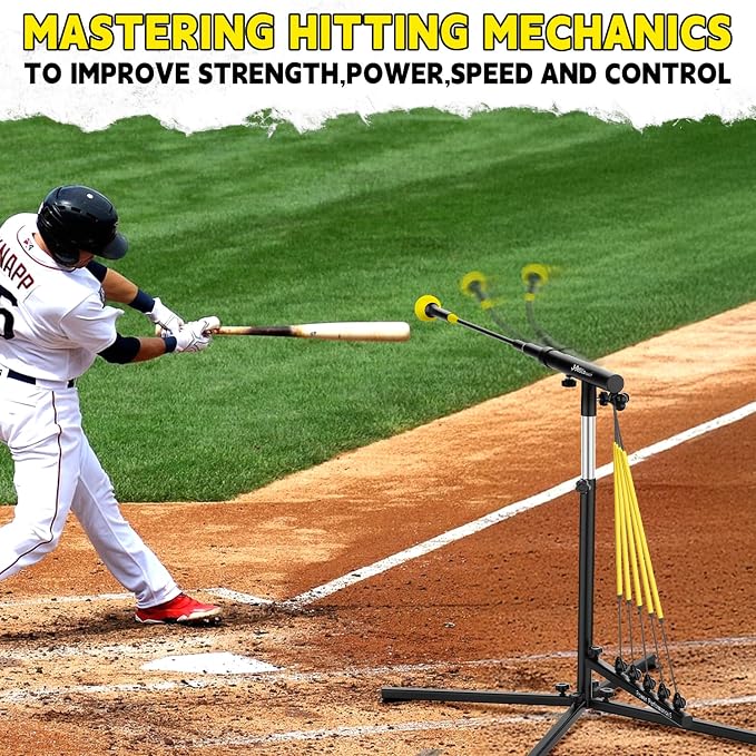 JASCOPRO Baseball Swing Trainer with 5 Power Bands,Height Adjustable 31-47 inches Baseball Hitting Trainer, Auto Reset Baseball Training Equipment Softball Swing Trainer with Metal Stakes & Carry Bag