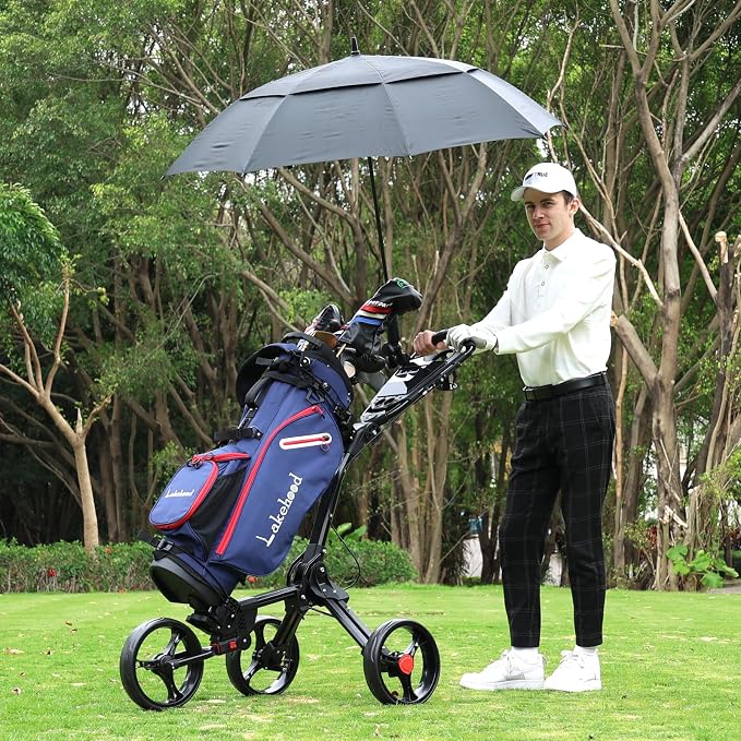 Lakehood Golf Push Cart, 3 Wheel Golf Push Cart Foldable and Golf Bag Cart, Push Cart Golf Easy to Open/Fold, Golf Caddy Push Cart with for Different Terrain with Umbrella Stand Cup Holder Scoreboard
