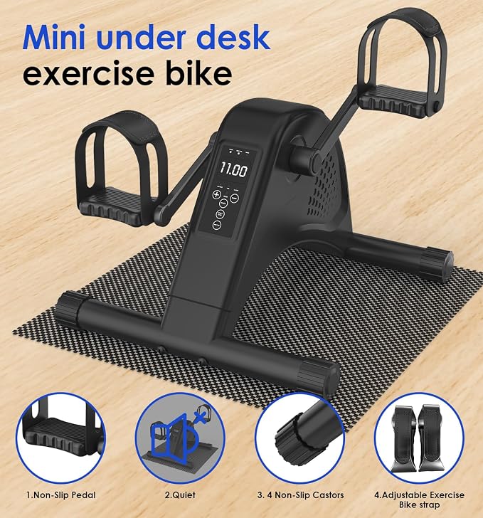 12-Levels Mini Exercise Bike Under Desk with LCD Display, Quiet Electric Bidirectional Bicycle Pedals for Home for Seniors, Stationary Bike Under Desk for Leg & Arm Physical Therapy Exerciser