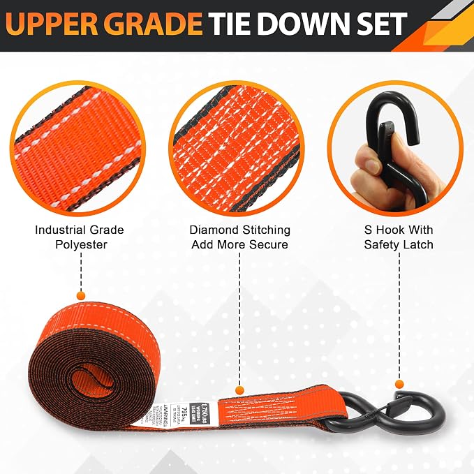 Ratchet Tie Down Straps Set, 5250 LBS Breaking Strength, 4 Pack 1.5" x 15' Heavy Duty Ratchet Straps, Cargo Strap, Motorcycle Straps for Trucks, Bicycle, Kayak, Moving, Tie Downs with S Hooks, Orange