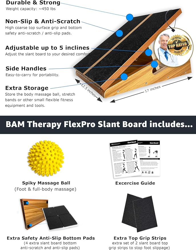 BAM Athletica's Physical Therapy Slant Board for Calf Stretching, Injury Recovery & Fitness | Adjustable Calf Stretcher Incline Board for Plantar Fasciitis Relief, Achilles Rehab, Squats & Exercise