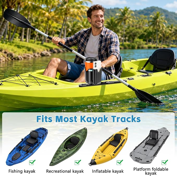 2-in-1 Kayak Cup Holder, Upgraded Anti-Tipping Drink & Phone Holder with 4 Built-in Silicone Pad, Kayak Rail Track Mount Install, Kayaks Boats Fishing Accessories (Black)
