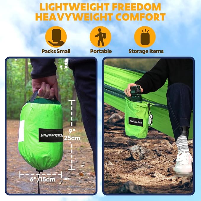 NATUREFUN Ultra-Light Travel Camping Hammock | 300kg Load Capacity,Breathable,Quick-Drying | 2 x Premium Carabiners,2 x Nylon Slings Included | Outdoor Indoor Garden