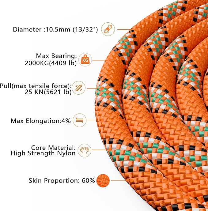 X XBEN Outdoor Climbing Rope 10M(32ft) 20M(64ft) 30M(96ft) 50M(160ft) 70M(230ft) 152M(500FT) 352M(1000FT) Static Rock Climbing Rope for Escape Rope Ice Climbing Equipment Fire Rescue Parachute