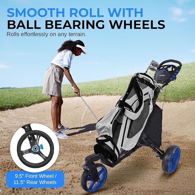 SereneLife Golf Push Pull Cart – Lightweight, Foldable, Bag Holder with Adjustable Handle, Caddy Accessories, Compact Folding Golf Trolley for Travel
