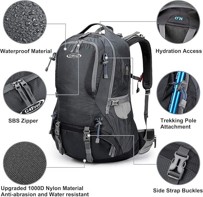 G4Free 50L Hiking Backpack Waterproof Daypack Outdoor Camping Climbing Backpack with Rain Cover for Men Women(Dark Grey)