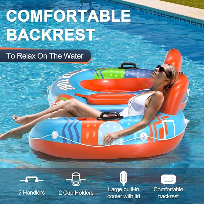 Inflatable River Tube Float, 2 Person Heavy Duty River Pool Floats Adults with 2 Cup Holders Premium Lake Water Tubes for Floating, Outdoor River Raft Sport Fun