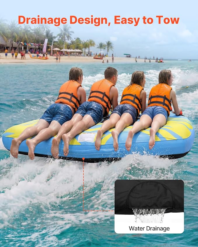 VEVOR Towable Tubes for Boating, 1-4 Riders Inflatable Boat Tubes & Towables, 340-680 lbs Capacity, Multiple Sizes with Full Nylon Cover, Padded/EVA Handles, Fins & Safety Valve (Multi-Option)