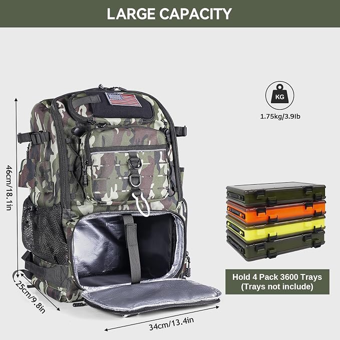 Bagenerous 39L Fishing Tackle Backpack with Rod Holders & Cooler,Water-resistant Fishing Gear Storage Bag with Protective Rain Cover,Camouflage