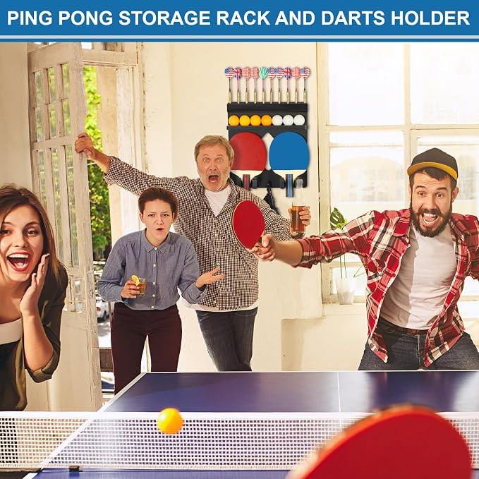 Ping Pong Paddle Holder Wall Mount Hold 8 Paddles, Ping Pong Rack Dart Holder 2-in-1, 100% Solid Wood Table Tennis Organizer, Black