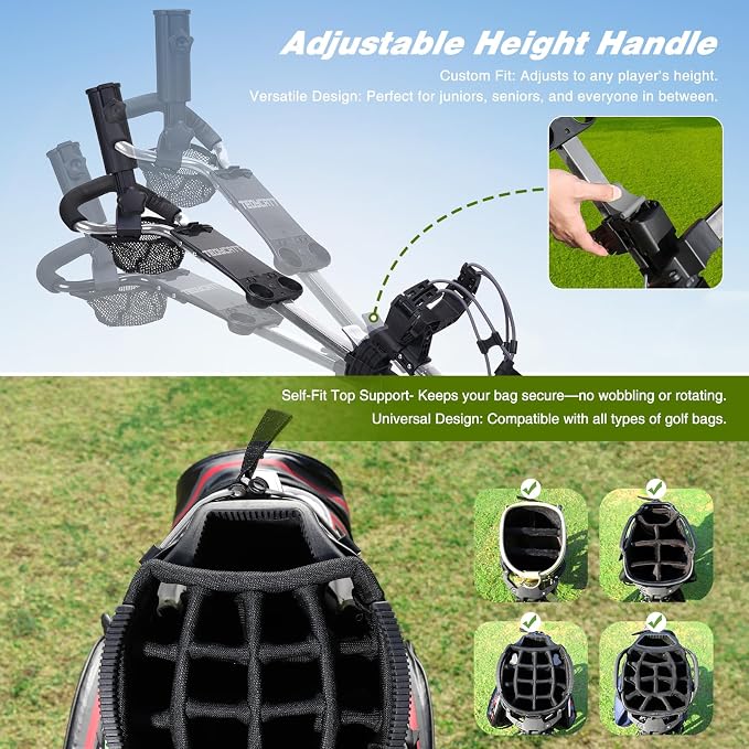360 Golf Pull Cart: Lightweight Folding Swivel 3 Wheels Golf Caddy with Foot Brake, Cooler Bag, Drink& Umbrella Holder, Gray