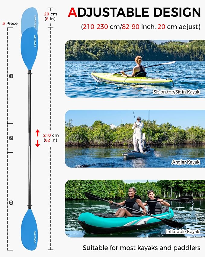 Kayak Paddle Carbon Fiber Shaft and Reinforced Nylon Blade, Adjustable Kayaking Oars, 3 Piece, 230-250 cm/90-98 Inches,210-230 cm/82-90 inches