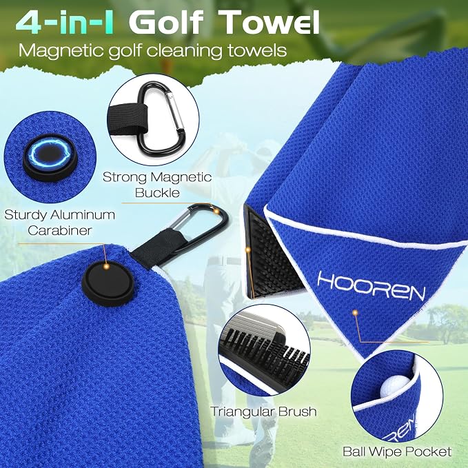 Magnetic Golf Towel with Brush & Cleaning Pocket, 4-in-1 Golf Cleaning Kit 3 Stage Cleaning System Golf Club Cleaning Kit, Microfiber Waffle Golf Accessories 15.7" X 23.6", Blue